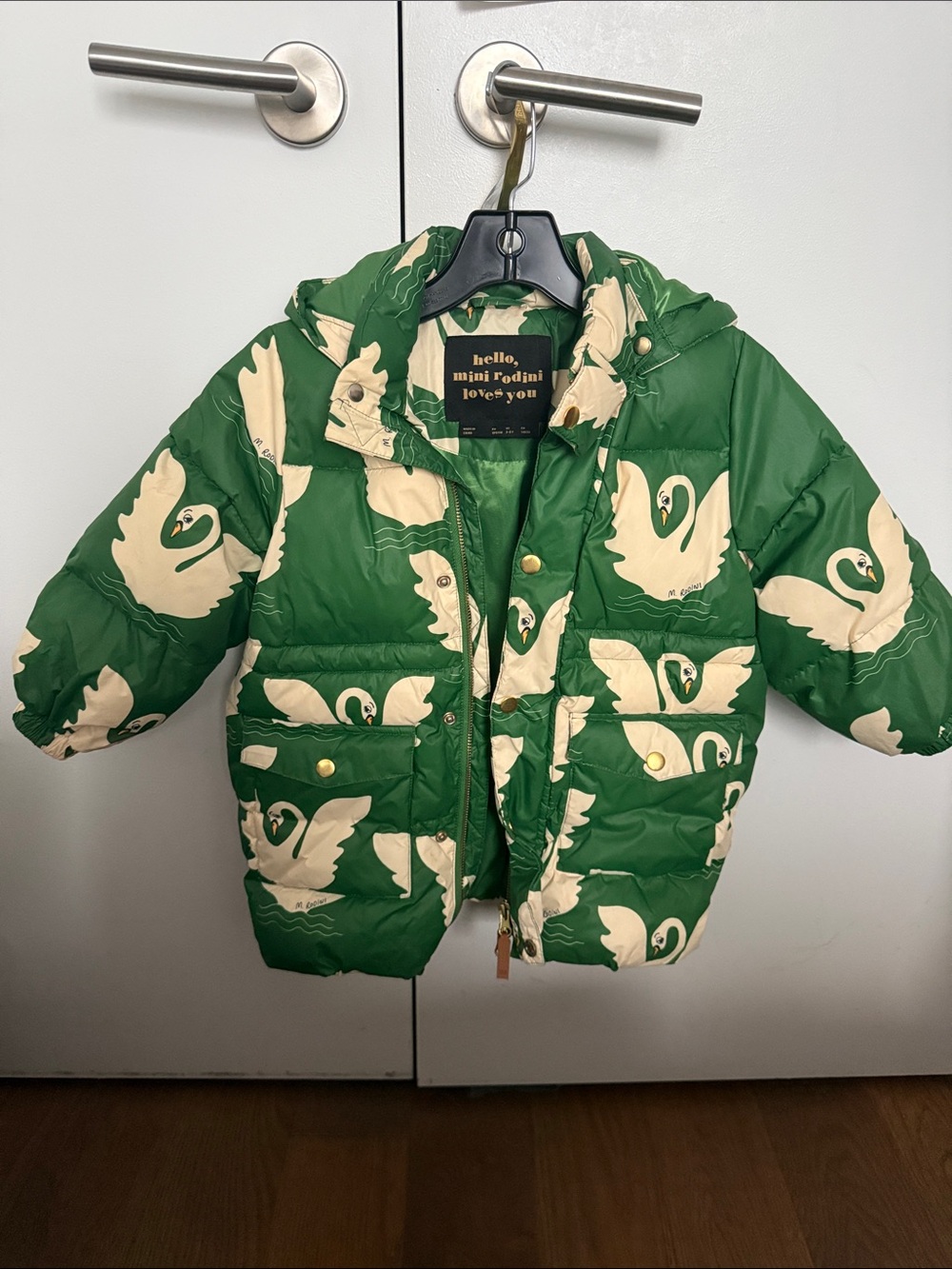 Mini Rodini Green Puffer Jacket with Cream Swan Print